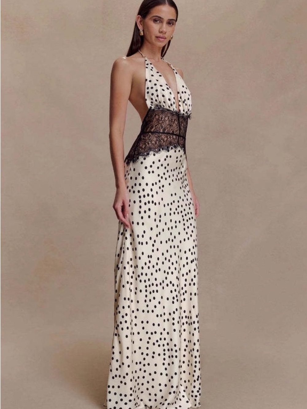 Polka Dot Halter Lace-Waist Maxi Dress - Cream/Black - Picture 2 of 7